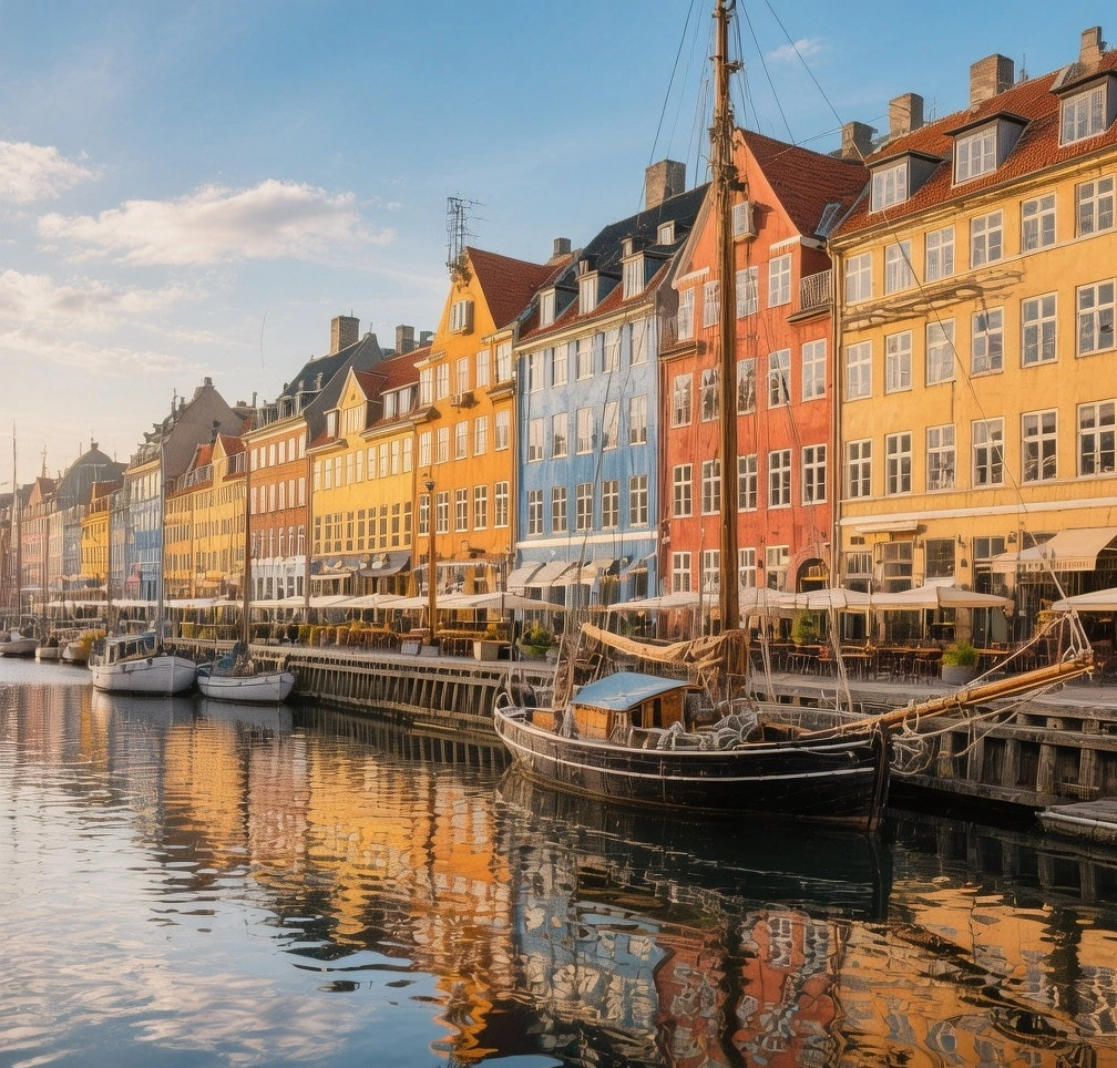 Nyhavn Copenhagen colorful 17th-century townhouses reflecting in canal waters at golden hour with historic sailing ships moored along the harbor