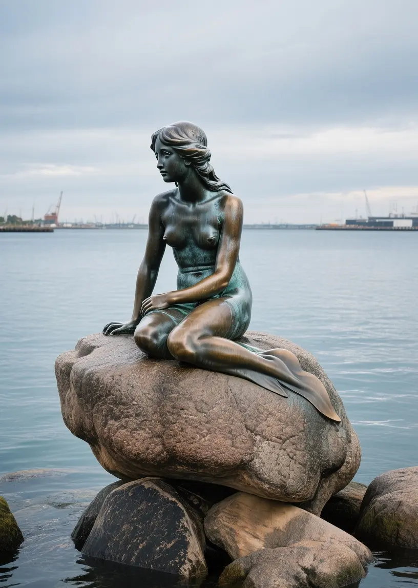 Little Mermaid statue Copenhagen perched on granite rock at Langelinie waterfront at dawn with misty harbor and soft morning light