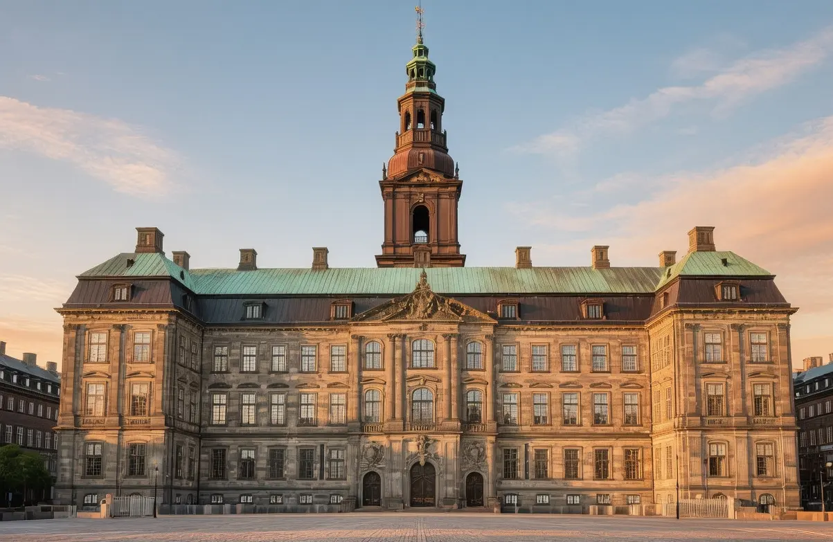 Christiansborg Palace Copenhagen granite tower rising above harbor at golden hour with parliamentary flags waving in breeze