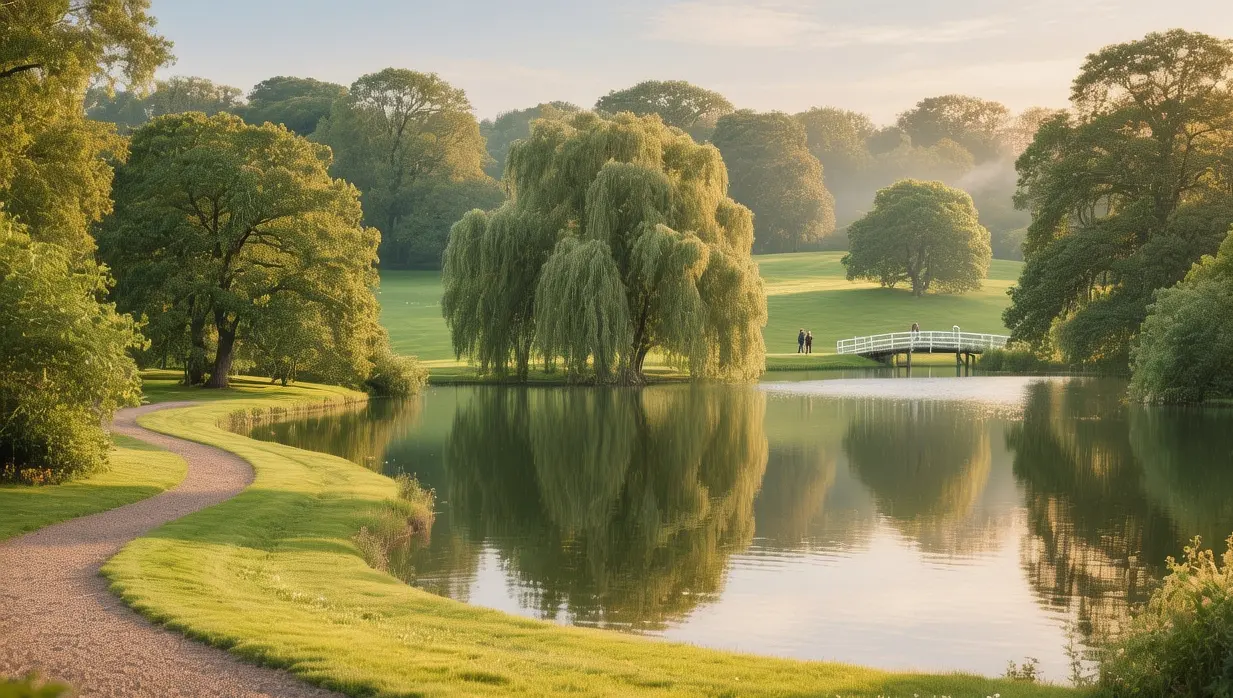 Frederiksberg Gardens Copenhagen romantic landscape with lake reflecting copper-domed pavilion at golden hour