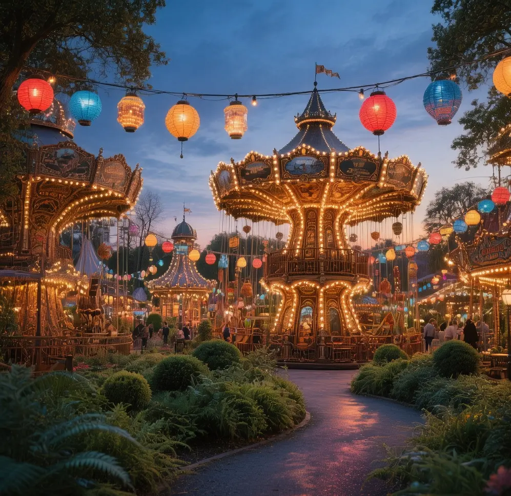 Tivoli Gardens Copenhagen illuminated at twilight with colorful lanterns glowing over historic rides and lush gardens