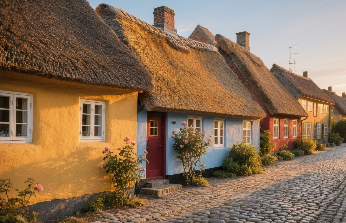 Ærø island colorful village houses with thatched roofs along cobblestone streets at golden hour in Denmark