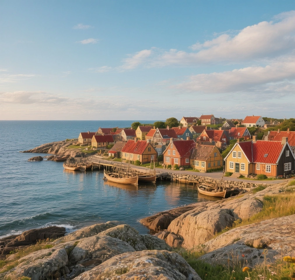 Bornholm island granite cliffs and round churches overlooking Baltic Sea at golden hour in Denmark