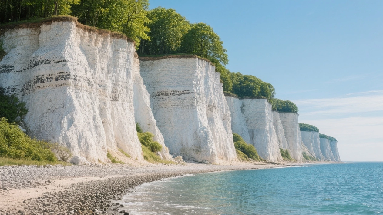 Møns Klint white chalk cliffs rising from Baltic Sea with forest canopy at golden hour on Møn island Denmark