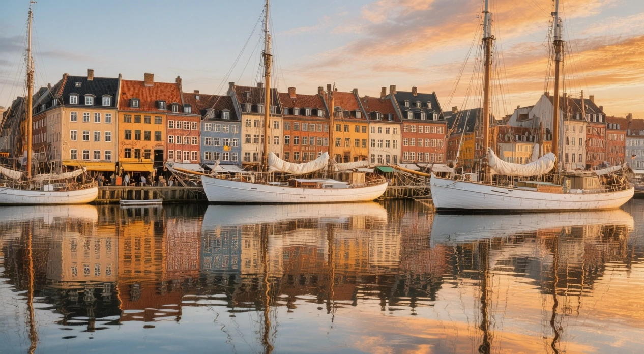 Faaborg harbor colorful waterfront buildings and sailing boats reflected in calm waters at golden hour on Funen Denmark