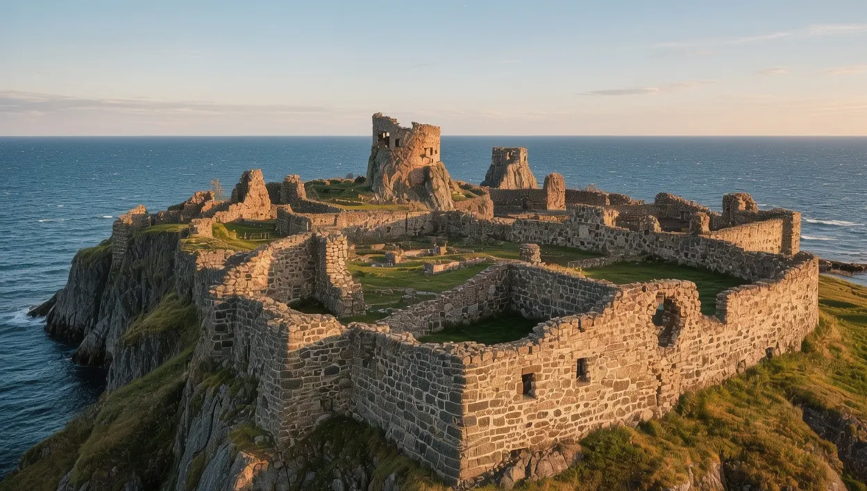 Hammershus medieval castle ruins on granite cliffs overlooking Baltic Sea at golden hour on Bornholm Denmark