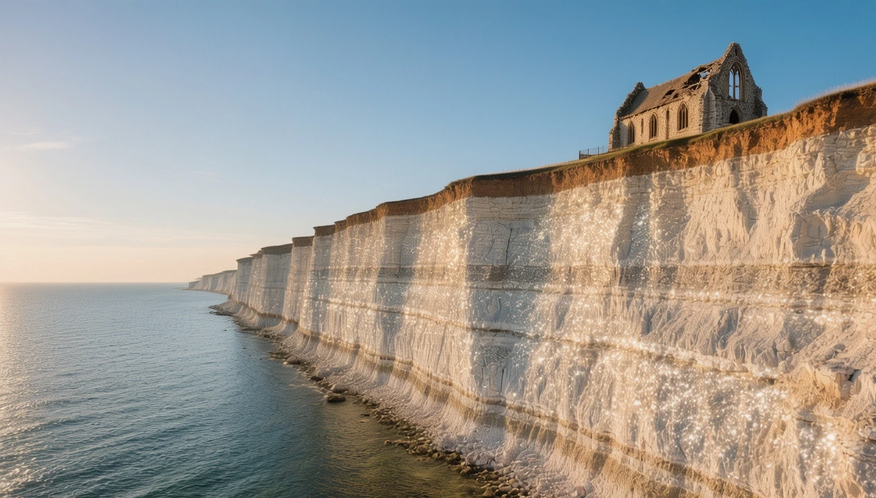 Stevns Klint white chalk cliffs with Fish Clay layer visible against Baltic Sea at golden hour on Zealand Denmark