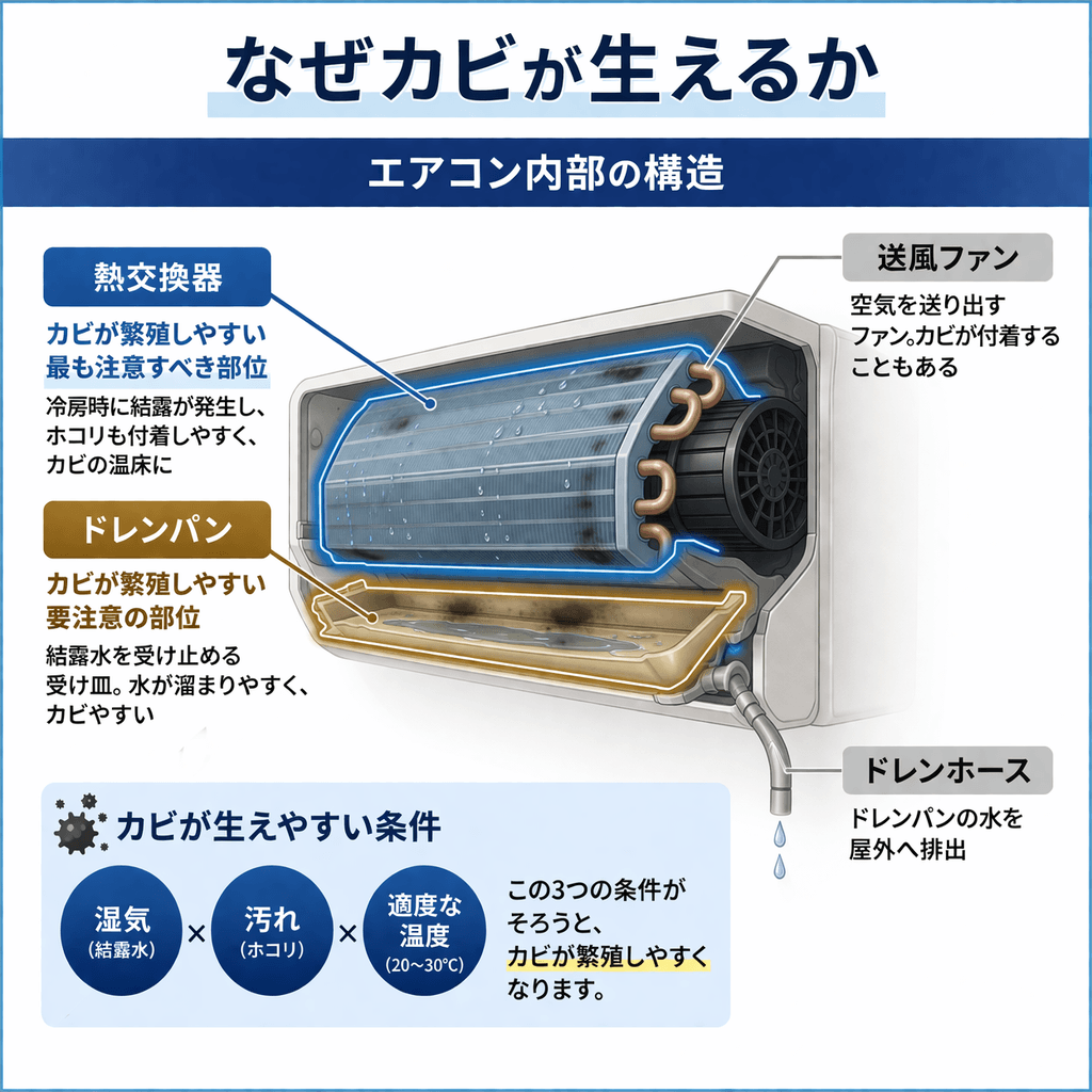 エアコン内部の構造図（熱交換器・ドレンパン）