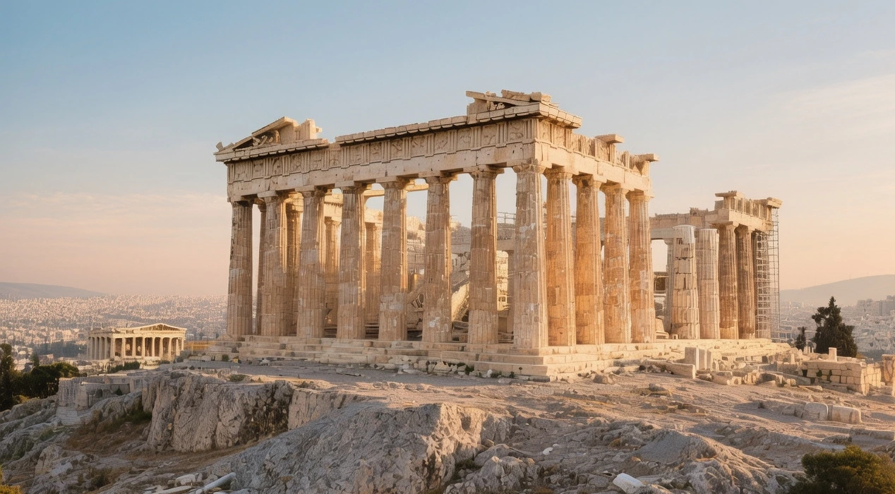 The Parthenon temple bathed in golden sunrise light atop the Acropolis hill in Athens, Greece, with ancient marble columns silhouetted against a pink and orange sky