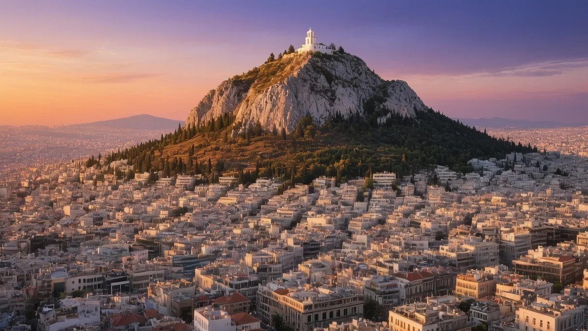 Mount Lycabettus summit chapel at sunset overlooking Athens cityscape with Acropolis and Aegean Sea glowing in golden light
