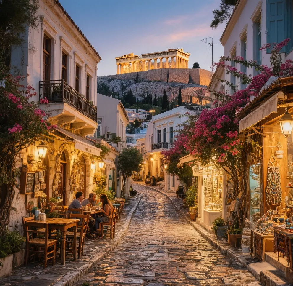 Plaka neighborhood cobblestone streets with neoclassical houses and bougainvillea flowers beneath the Acropolis, Athens, Greece at sunset