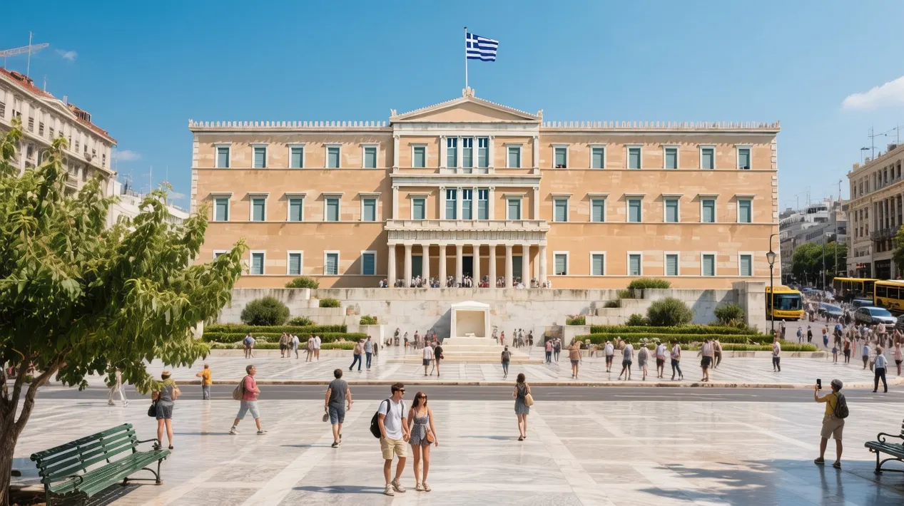Syntagma Square at golden hour with Hellenic Parliament building and Evzones guards performing ceremonial changing of the guard, Athens, Greece