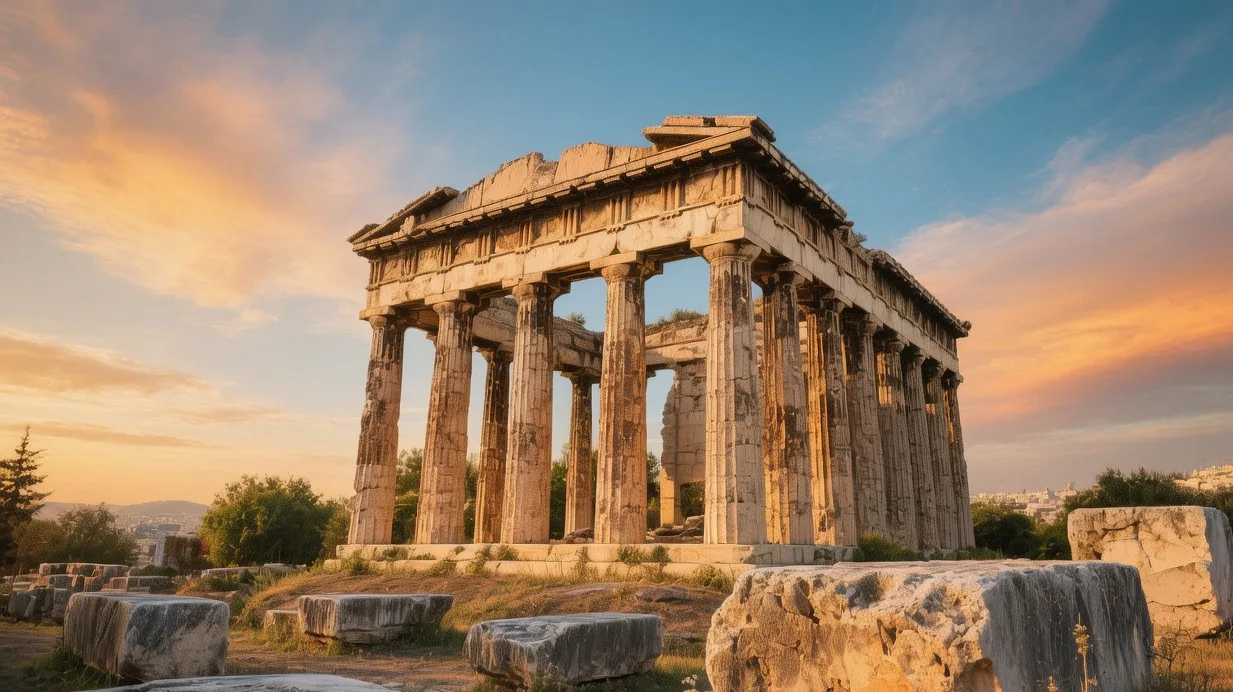 Ancient Agora ruins with Temple of Hephaestus columns standing against blue Athenian sky at golden hour, Greece