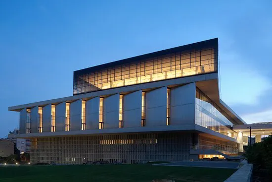 The Acropolis Museum glass-walled Parthenon Gallery with ancient marble sculptures illuminated by natural light, Athens, Greece