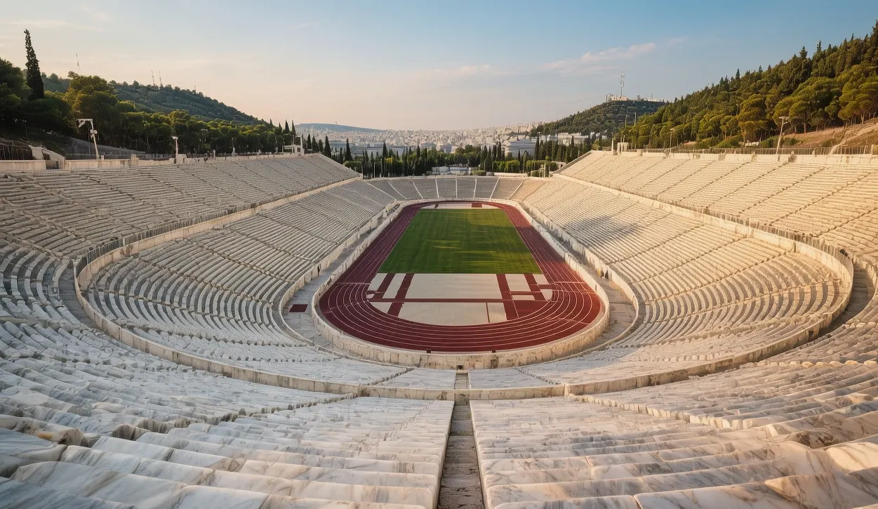 Panathenaic Stadium marble tiers glowing at golden hour with Olympic flame monument, Athens, Greece