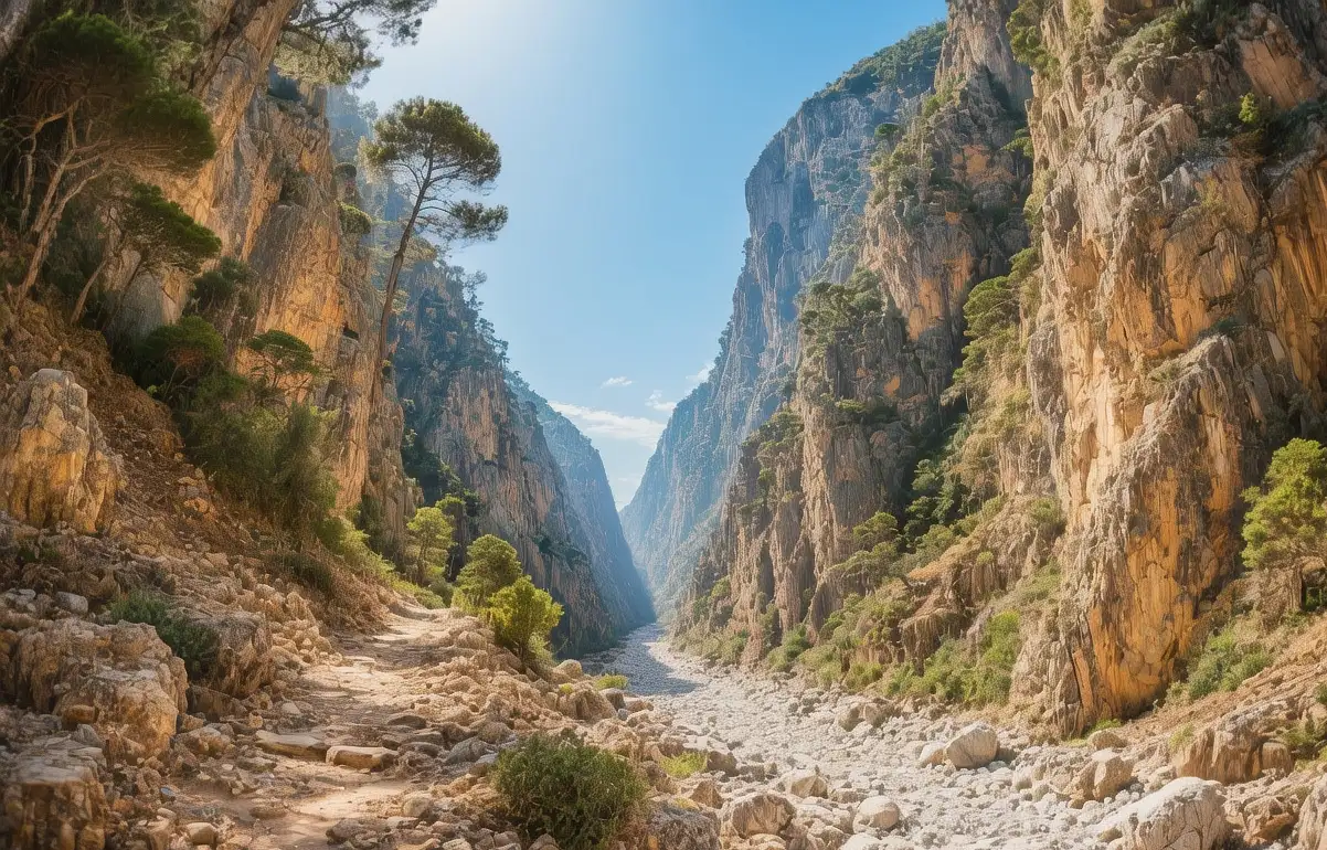 Samaria Gorge dramatic limestone cliffs and turquoise river winding through ancient forest trail, Crete, Greece at morning light