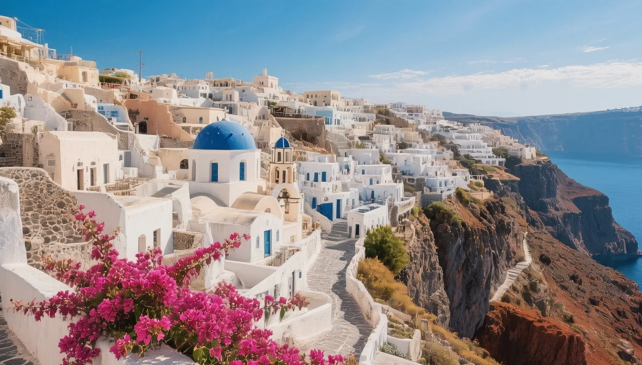 Fira clifftop town at golden hour with whitewashed Cycladic buildings cascading down volcanic caldera edge into deep blue Aegean Sea