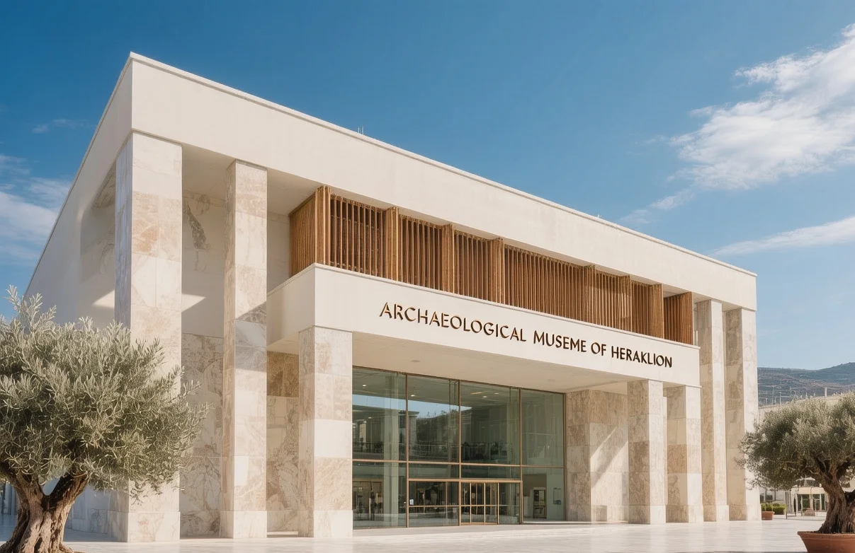 Heraklion Archaeological Museum interior with Minoan frescoes and ancient artifacts displayed under soft natural lighting, Crete, Greece