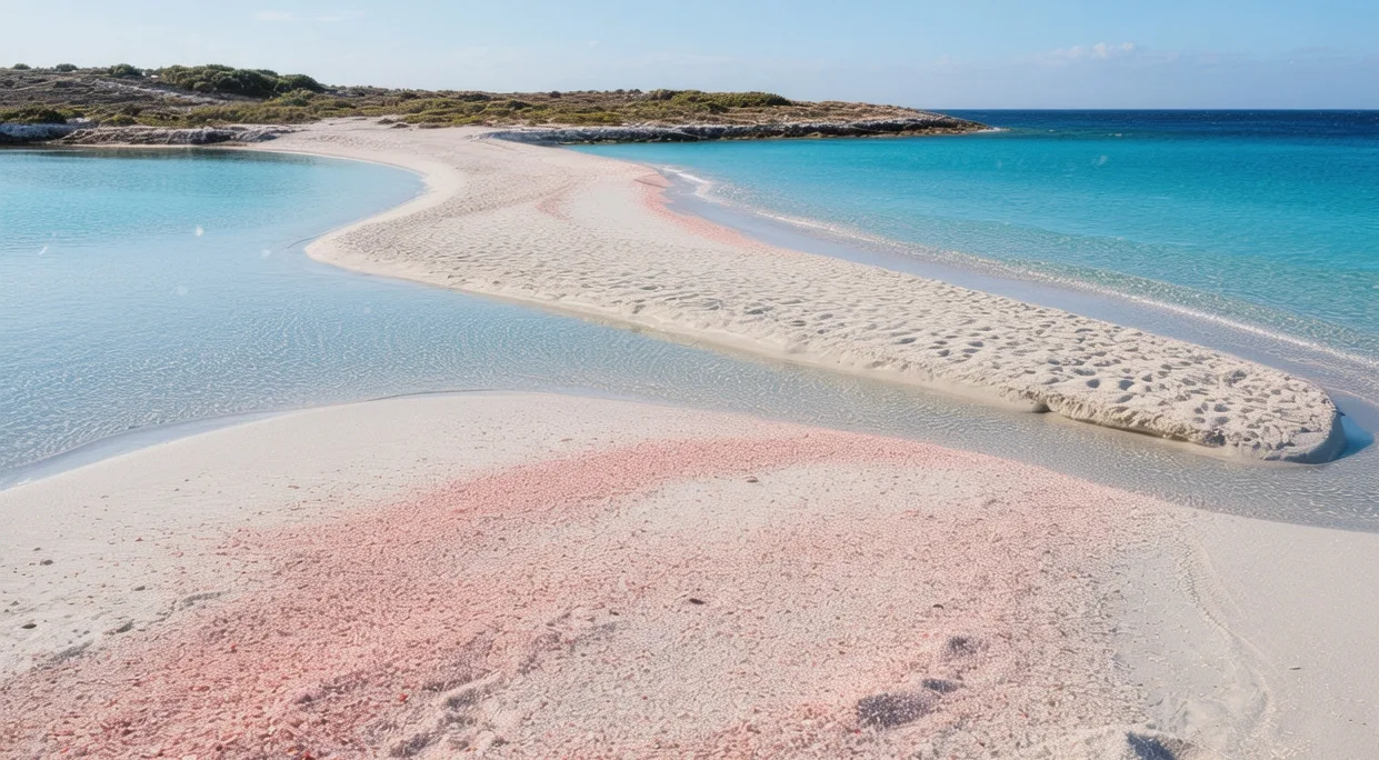 Elafonissi pink sand beach with turquoise lagoon waters and rose-colored shoreline under Mediterranean sun, Crete, Greece