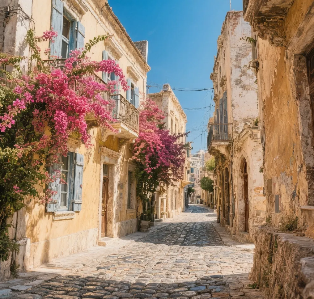 Rethymno old town narrow cobblestone streets with Venetian arches and Ottoman balconies bathed in golden Cretan sunlight