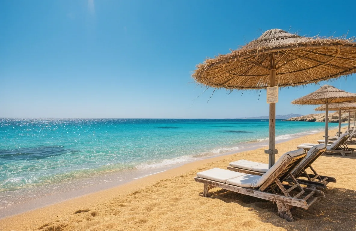 Paradise Beach Mykonos with golden sand and turquoise Aegean waters framed by beach umbrellas and sun loungers under bright Mediterranean sun