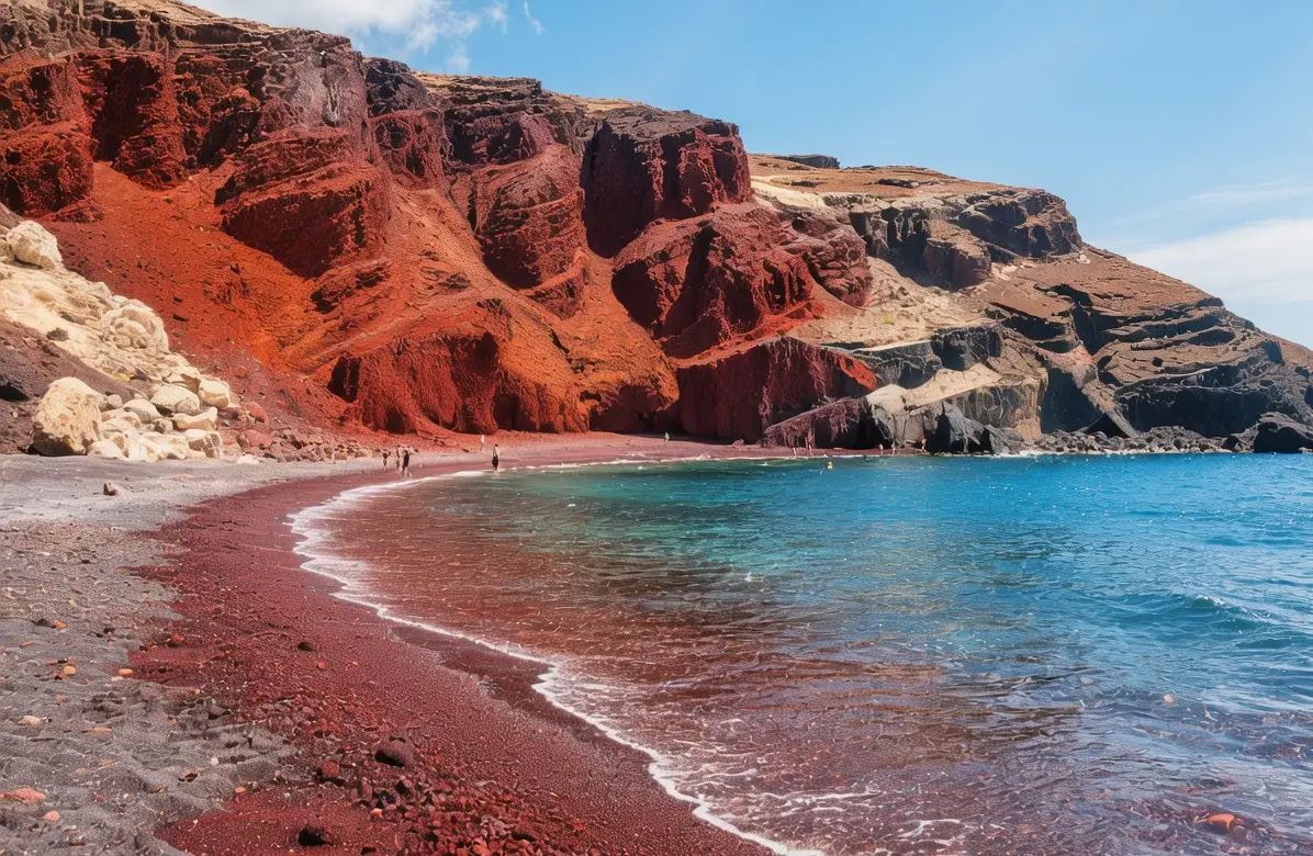 Red Beach Santorini with dramatic crimson volcanic cliffs towering over black pebble shore and turquoise Aegean waters at golden hour