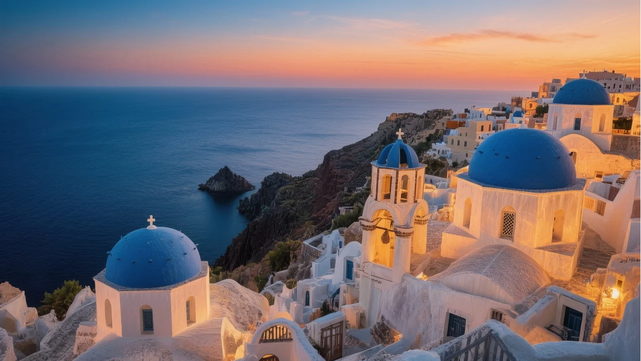 Oia sunset over Santorini caldera with whitewashed buildings and blue domes glowing in golden light against deep blue Aegean Sea