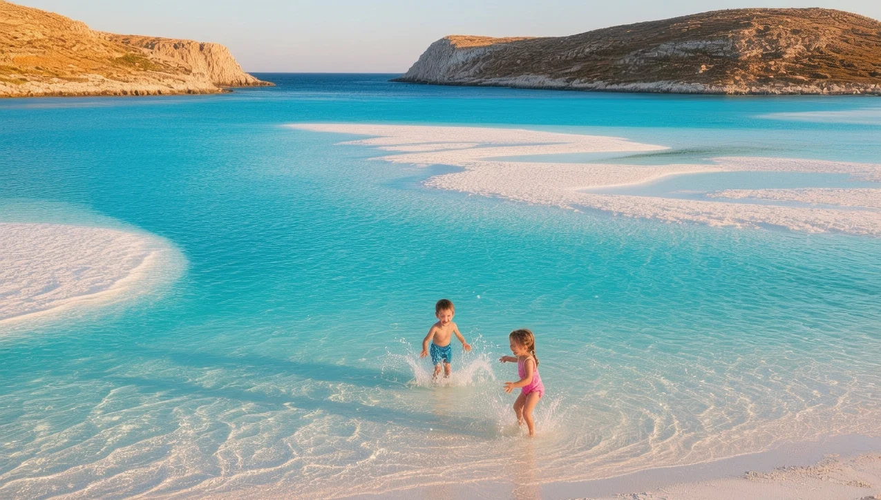 Balos Lagoon turquoise waters with white sand beach and dramatic limestone cliffs under golden Mediterranean light, Crete, Greece
