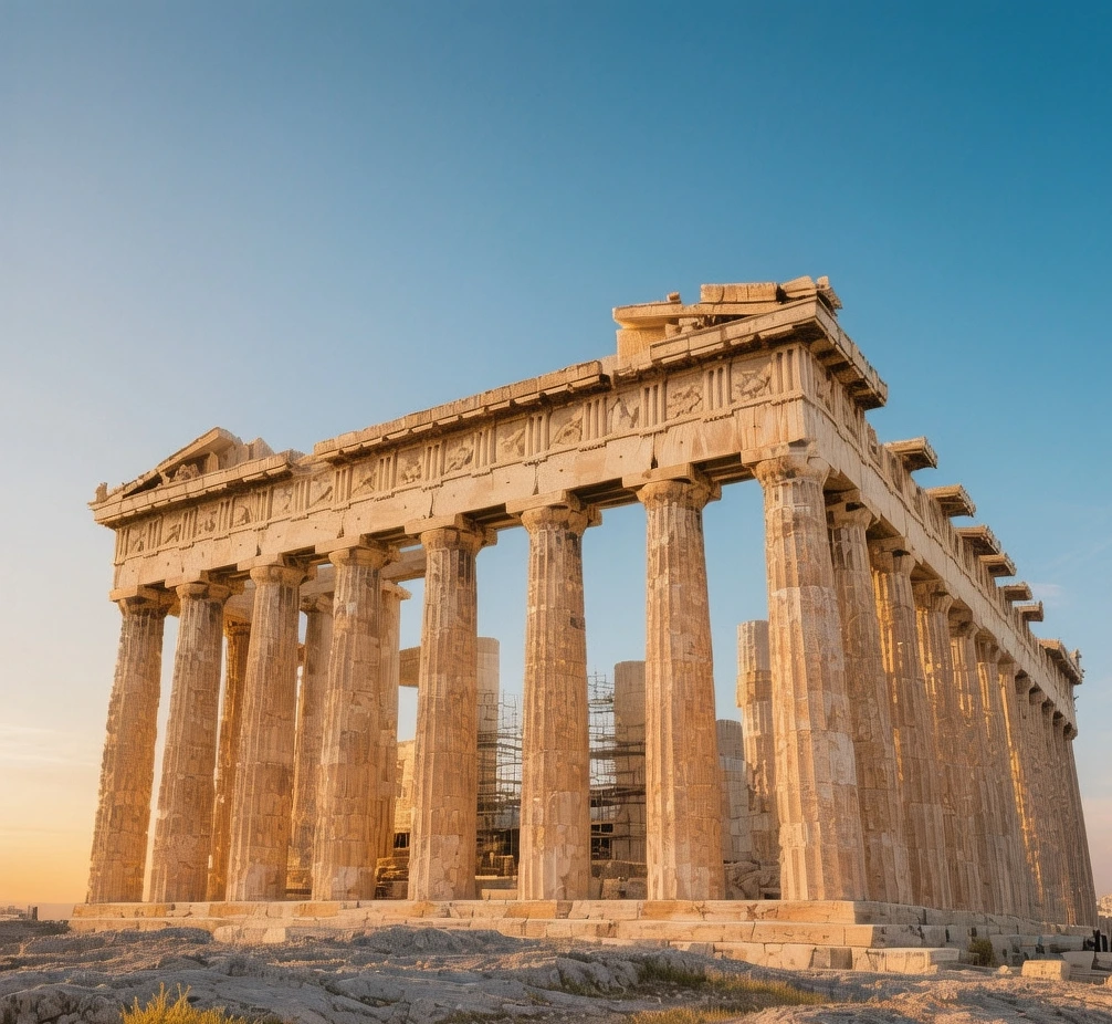The Parthenon temple glowing at golden hour on Athens Acropolis, ancient Doric columns silhouetted against amber Mediterranean sky