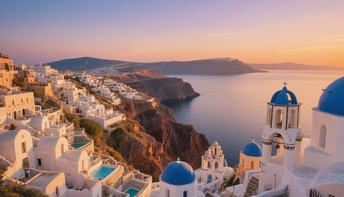 Santorini caldera sunset view from Oia with whitewashed buildings cascading down volcanic cliffs into deep blue Aegean Sea