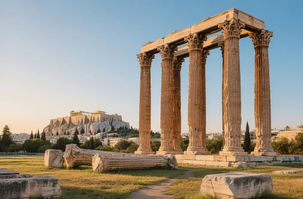 Temple of Olympian Zeus towering Corinthian columns at golden hour with Acropolis visible in distance, Athens, Greece