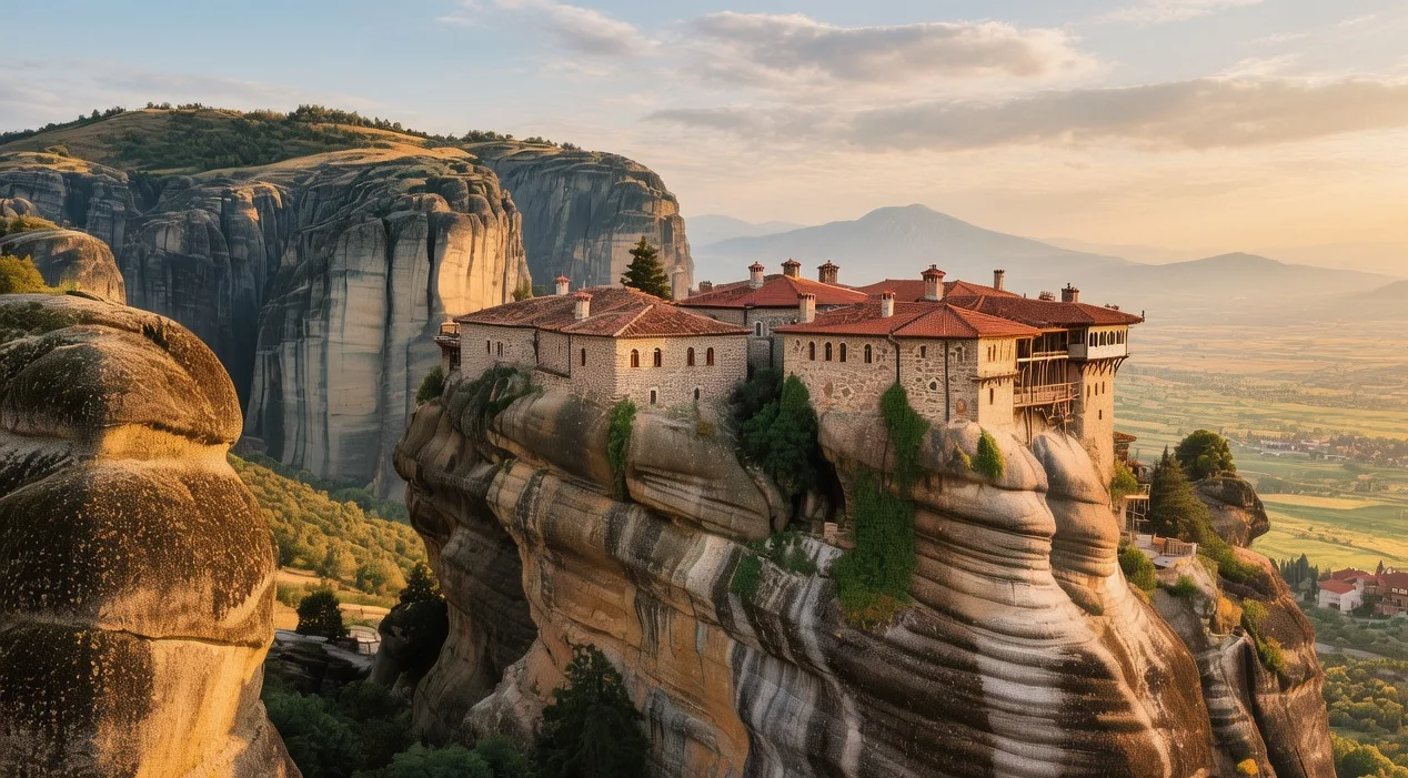 Golden sunrise light illuminating the Meteora monasteries perched atop towering sandstone rock pillars.