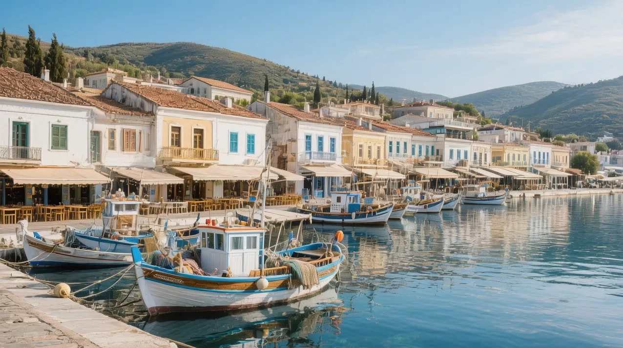 Samos Pythagoreion at golden hour with ancient harbor ruins, Tunnel of Eupalinos entrance, and Aegean Sea Greece archaeological UNESCO site