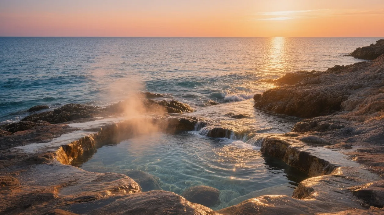 Ikaria natural hot springs with thermal waters flowing into Aegean Sea at golden hour on Greek island