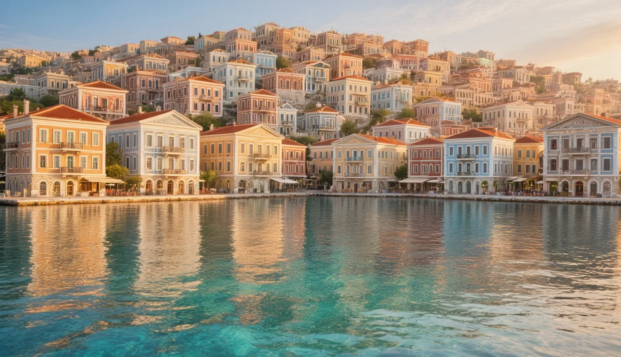 Symi colorful neoclassical harbor buildings cascading down hillside to turquoise Aegean waters at golden hour