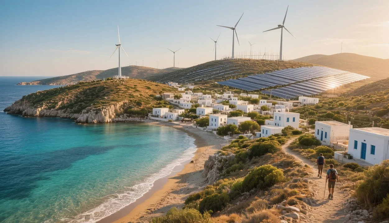 Tilos eco-island pristine beaches and wind turbines overlooking Aegean Sea at golden hour on Greek island