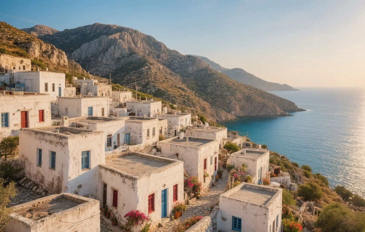 Karpathos traditional stone villages with colorful costumes and mountain views at golden hour on Greek island