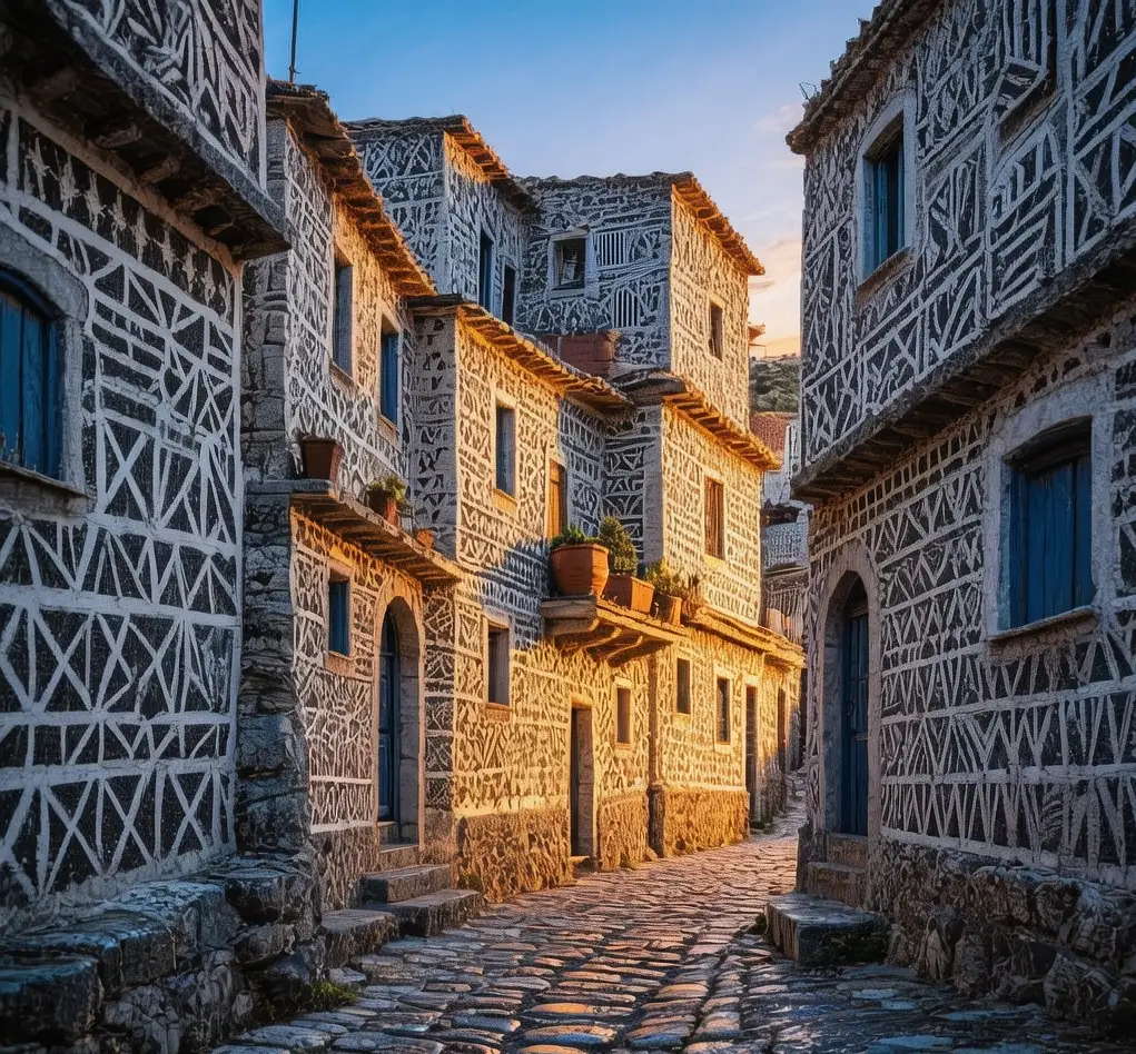 Chios mastic villages medieval mastiha settlements with carved stone architecture at golden hour on Greek island