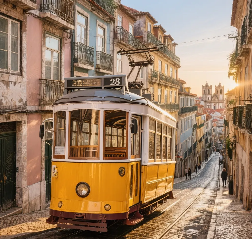 Early morning sunlight glinting off the yellow exterior of Tram 28 navigating Lisbon's narrow Alfama streets.