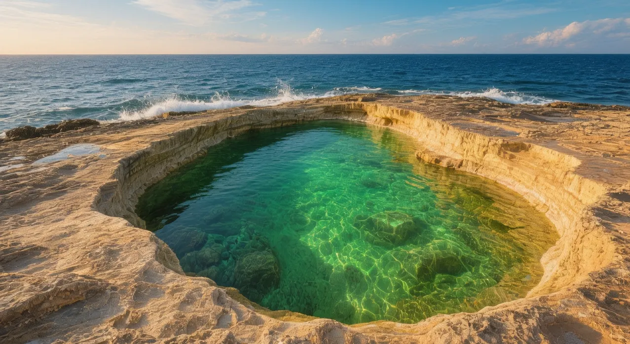Giola natural pool Thassos at sunset with turquoise waters carved in limestone rocks overlooking Aegean Sea