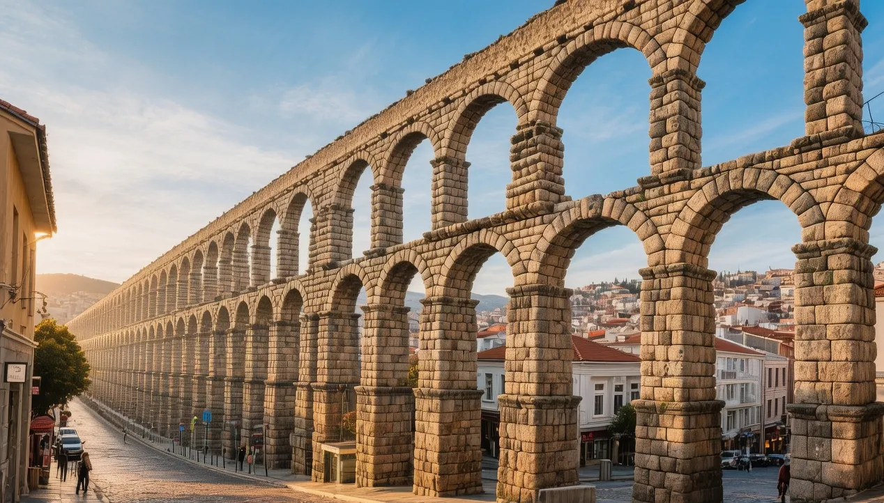 Kavala aqueduct Kamares at sunset with Ottoman stone arches spanning hillside against golden Mediterranean sky