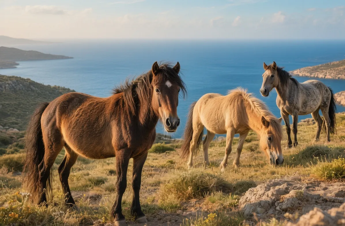 Skyros wild horses grazing freely at golden hour on windswept Greek island hills with Aegean Sea backdrop