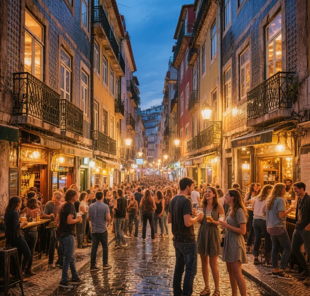 String lights glowing above the crowded cobblestone streets of Bairro Alto nightlife in Lisbon, Portugal.