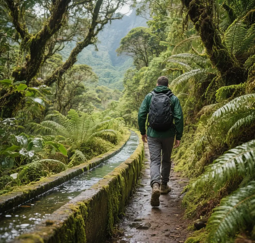 Hiker walking along narrow levada irrigation channel through lush laurel forest with mountain views in Madeira, Portugal