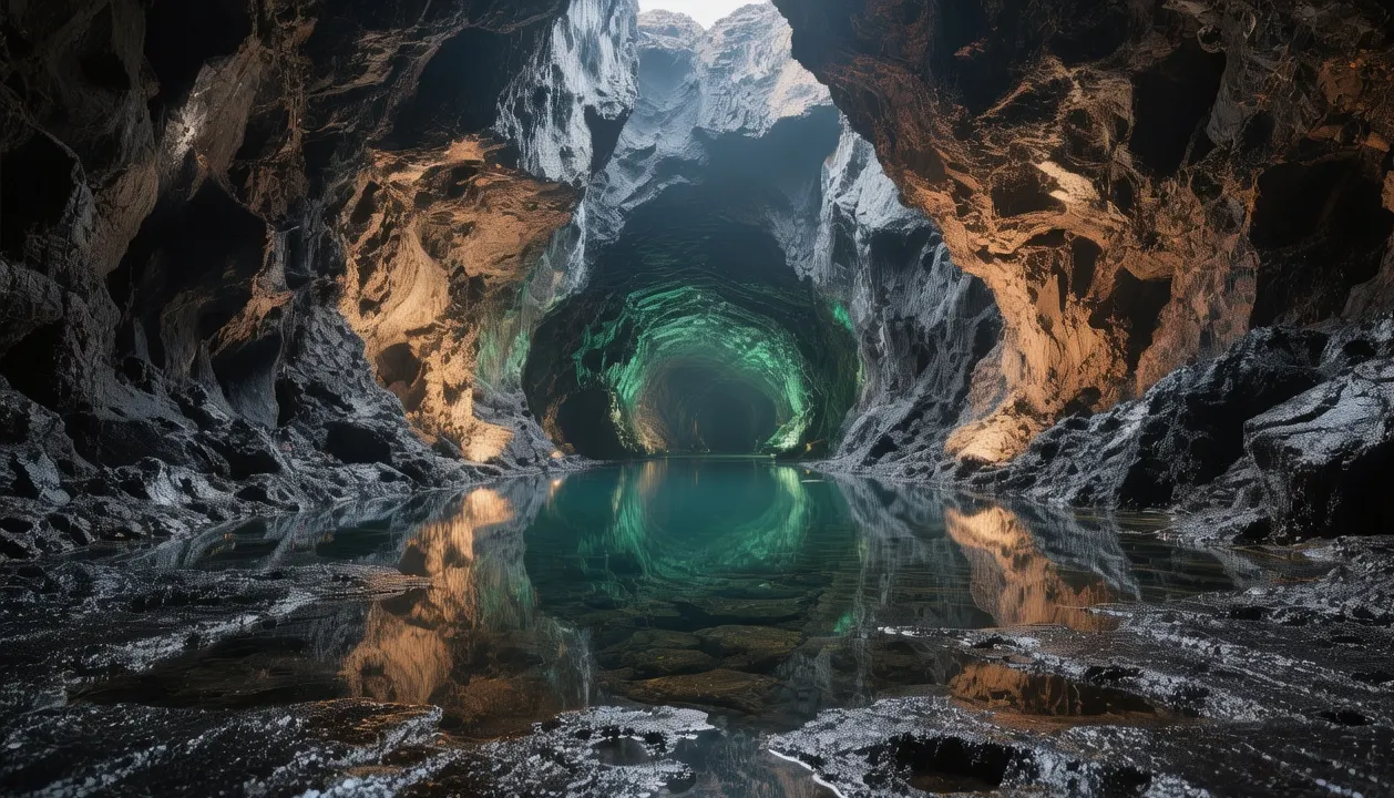 Illuminated volcanic lava tubes with smooth basalt walls in São Vicente Caves, Madeira, during guided underground tour