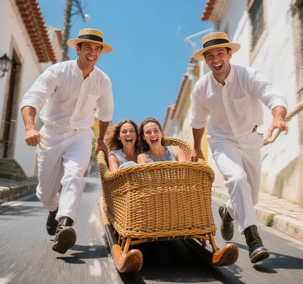 Traditional wicker toboggan sled descending Monte hillside in Funchal, Madeira during golden morning light with carreiros in white uniforms