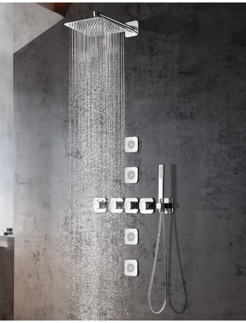 Concealed shower system with hidden valve and clean wall-mounted trim plate