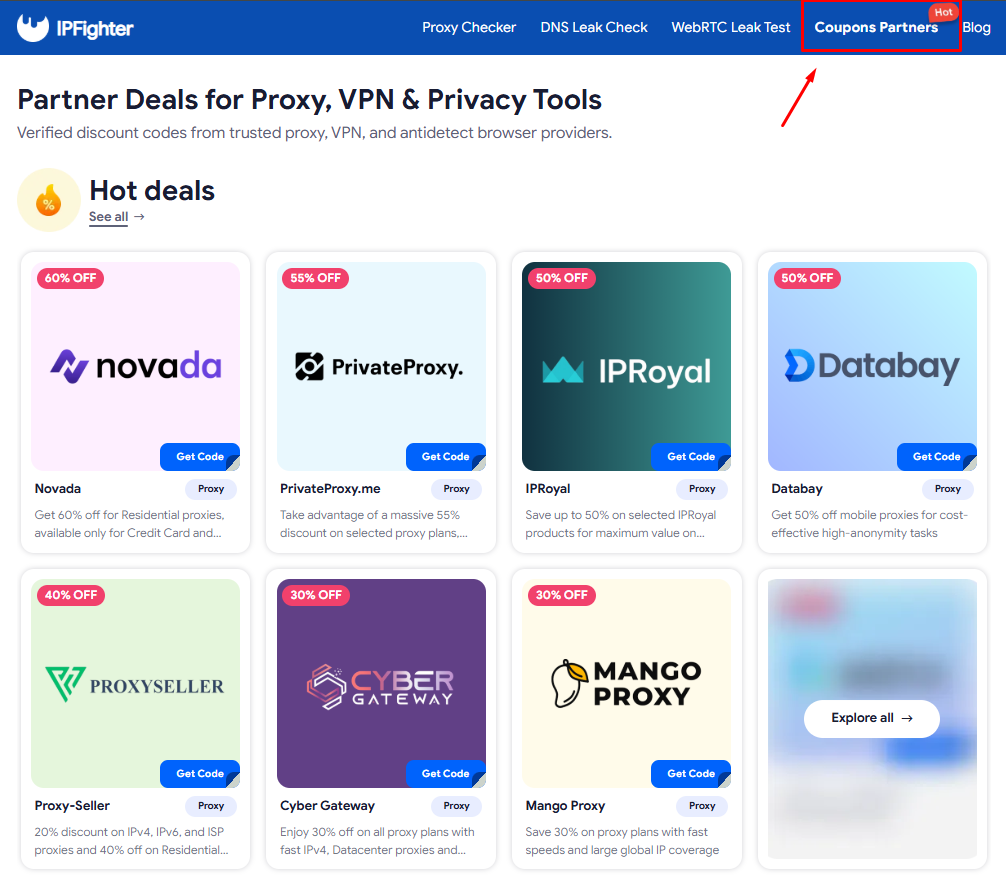 Coupons Partners section in IPFighter