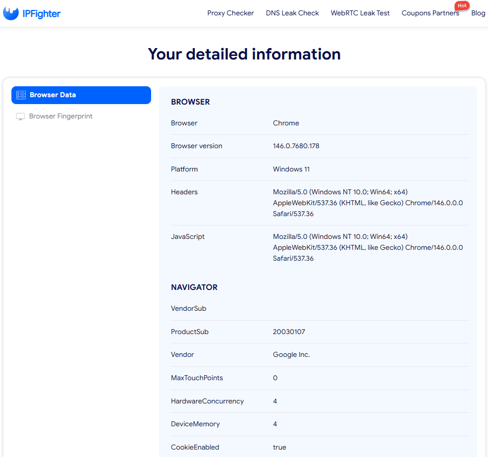 Separate sections for Browser data & Browser fingerprint