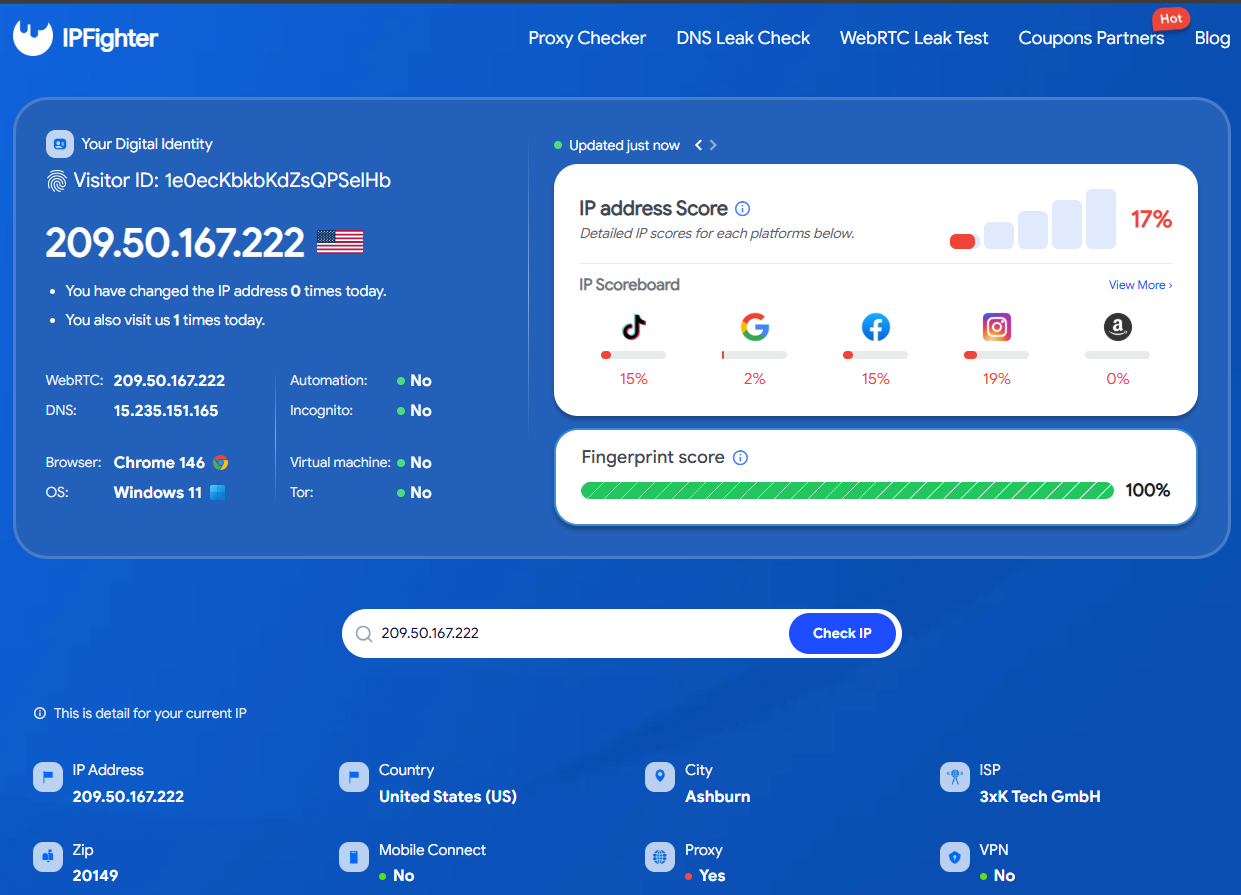 The IP parameters are displayed on the IPFighter homepage